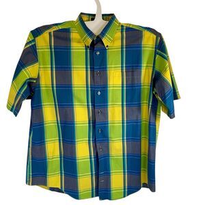 Granger Owings Short Sleeve Summer Plaid Shirt. Blue/Yellow/. Gator Poplin Sz XL